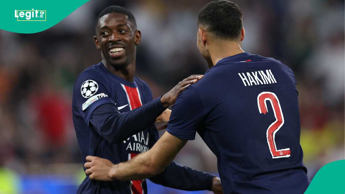 Ousmane Dembele, Achraf Hakimi, Paris Saint-Germain, Inter Milan, Allianz Arena, Munich, Germany, UEFA Champions League. Ousmane Dembele, Achraf Hakimi, Paris Saint-Germain, Inter Milan, Allianz Arena, Munich, Germany, UEFA Champions League.