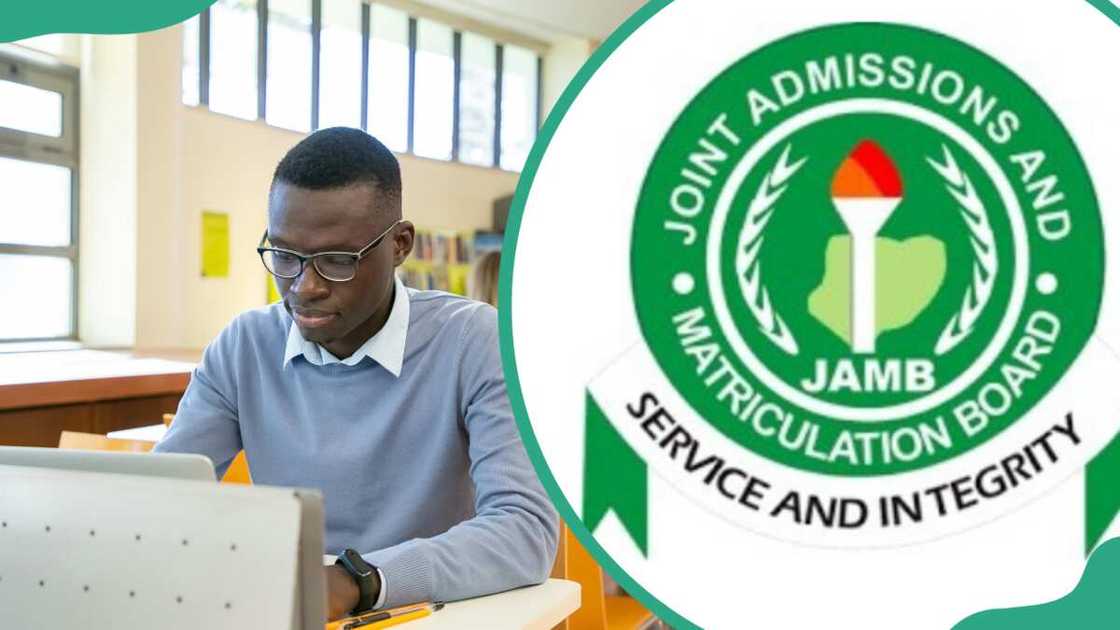 A male student using a laptop and the JAMB official logo