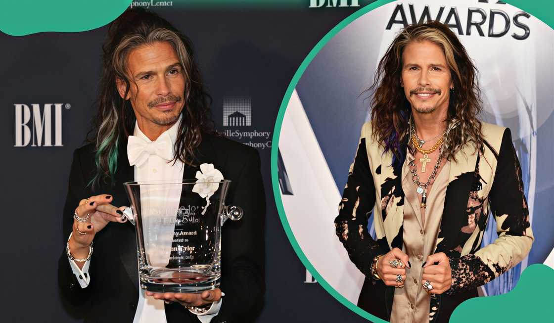 Steven Tyler poses with the Nashville Symphony Harmony Award and on the 2015 CMA Awards red carpet.