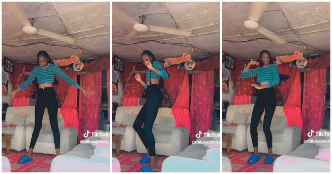 Very tall Nigerian lady dances, fan, dad's humble home Very tall Nigerian lady dances, fan, dad's humble home