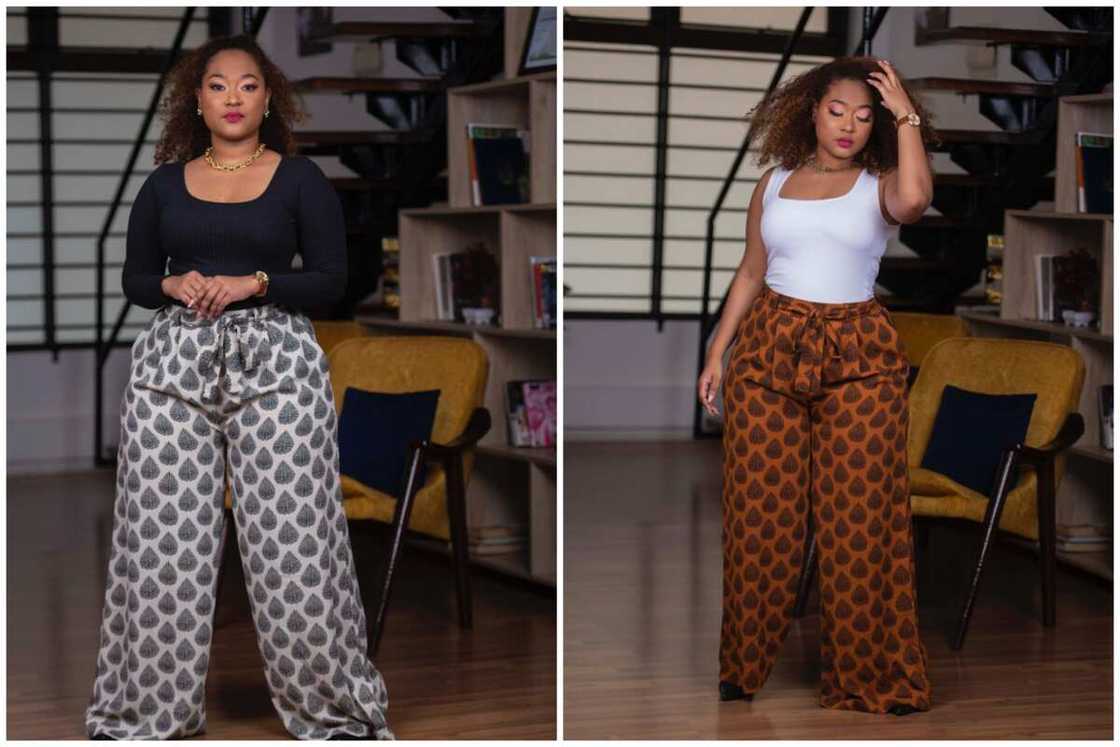 A ladies wearing damask palazzo pants of different patterns A ladies wearing damask palazzo pants of different patterns