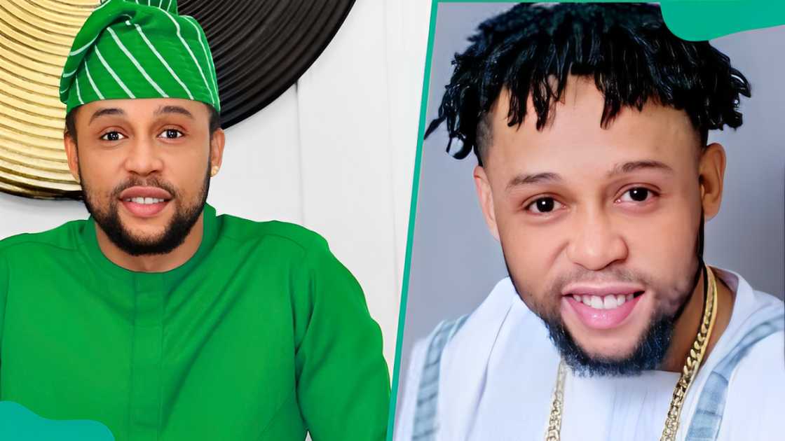 Sunkanmi Omobolanle in a green suit and cap (L). The actor smiles as he poses for a solo picture (R).