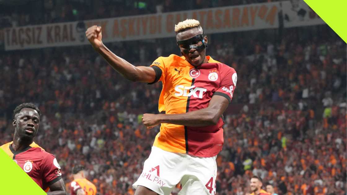 Victor Osimhen celebrates Galatasaray's second goal against Rizespor. Victor Osimhen celebrates Galatasaray's second goal against Rizespor.