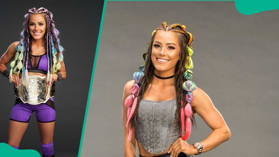 Kacy holding a large championship belt around her waist (L). The wrestler in a casual grey sleeveless top (R) Kacy holding a large championship belt around her waist (L). The wrestler in a casual grey sleeveless top (R)