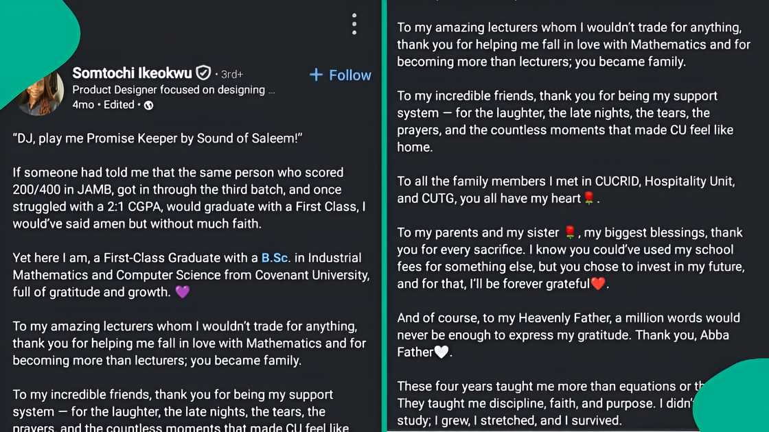 Covenant University graduate shares motivational story as she graduates with first class after scoring 200 in UTME.