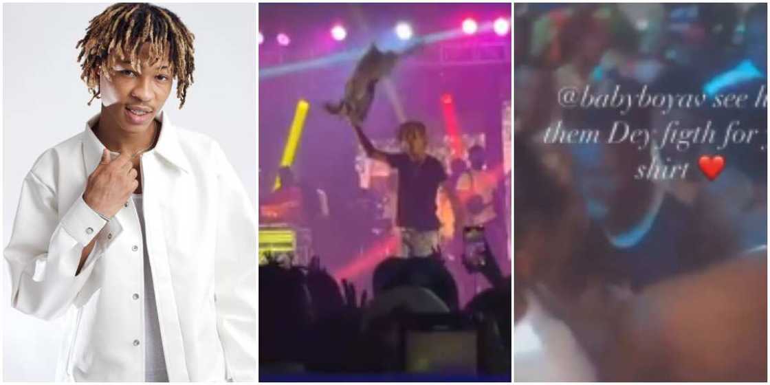 Fans struggle for singer AV's shirt. Fans struggle for singer AV's shirt.