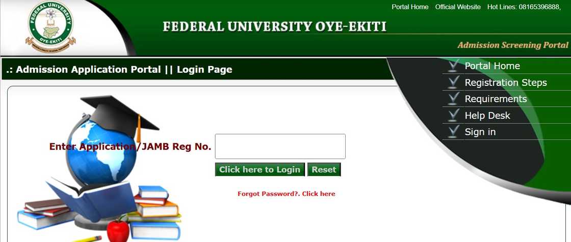A screenshot of the Federal University Oye-Ekiti student portal