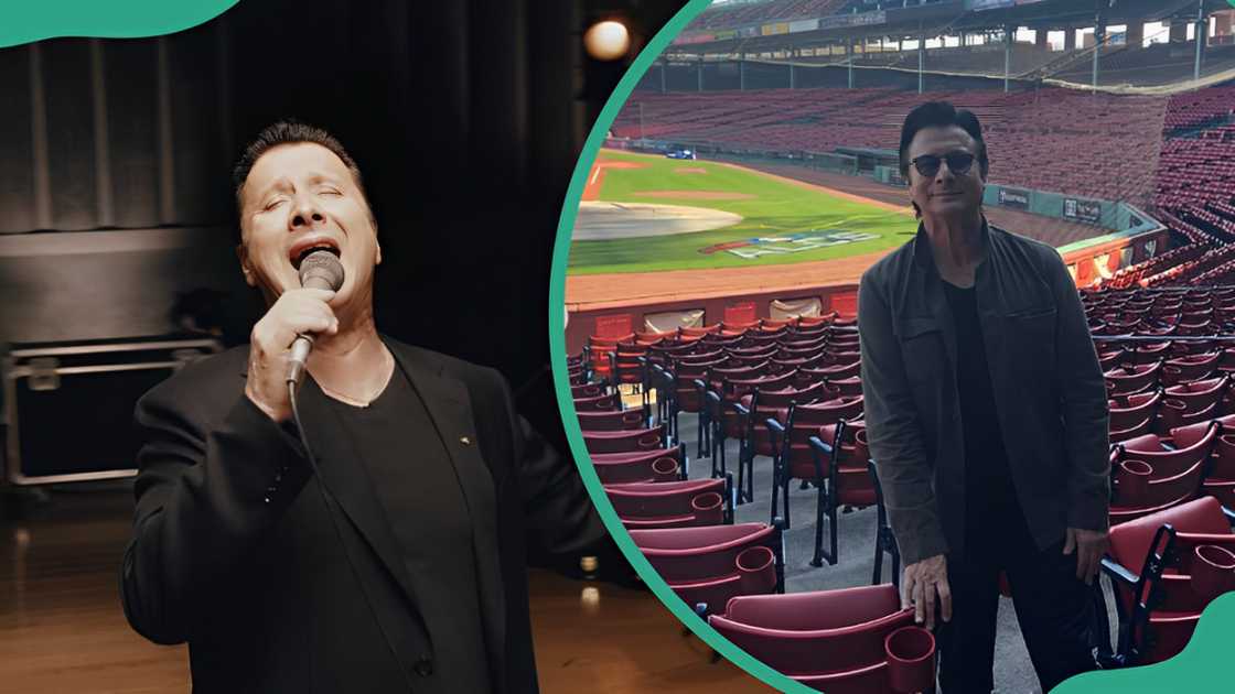 Steve Perry performing on stage (L). The singer posing at a stadium (R) Steve Perry performing on stage (L). The singer posing at a stadium (R)