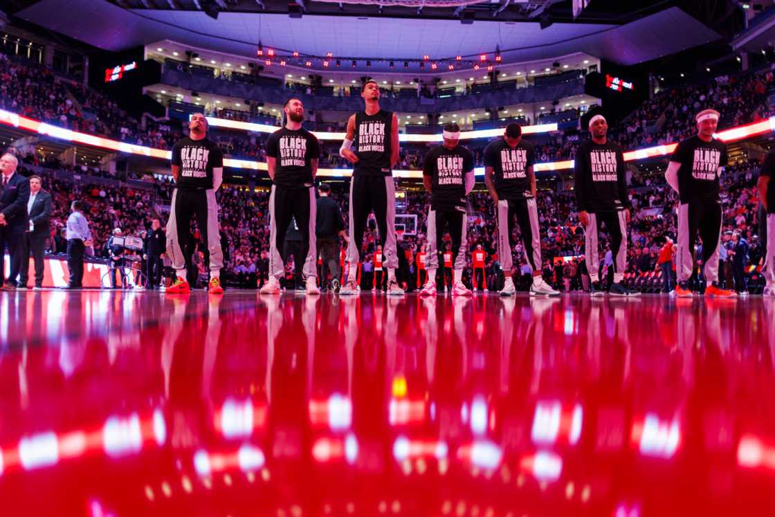 San Antonio Spurs players line up before a game against the Toronto Raptors