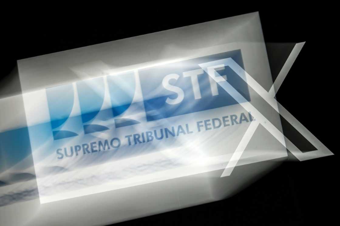 Photo illustration photo taken on August 29, 2024, shows the logos of Brazil's Federal Supreme Court (L) and social media platform X (former Twitter) on a screen in Rio de Janeiro, Brazil.