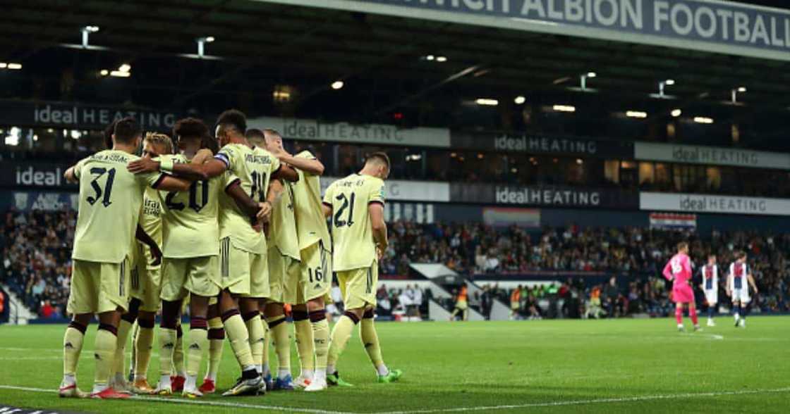 Bukayo Saka of Arsenal celebrates after scoring a goal to make it 0-4 during the Carabao Cup Second Round match between at The Hawthorns on August 25, 2021 in West Bromwich, England. (Photo by James Williamson - AMA/Getty Images) Bukayo Saka of Arsenal celebrates after scoring a goal to make it 0-4 during the Carabao Cup Second Round match between at The Hawthorns on August 25, 2021 in West Bromwich, England. (Photo by James Williamson - AMA/Getty Images)