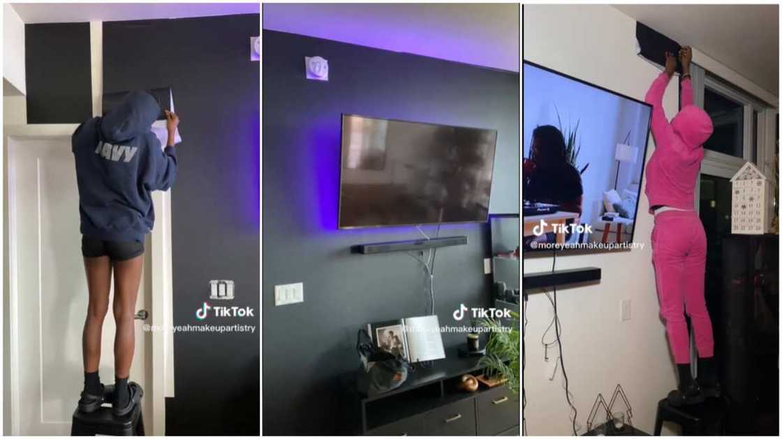 Lady and wallpapers/lady installed her TV. Lady and wallpapers/lady installed her TV.