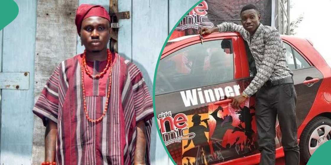 Zlatan Ibile posing with h=the car he won in a music contest.
