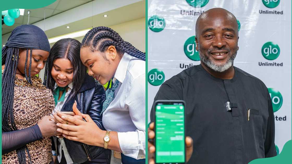 Glo customer service staff with a user and a subscriber who won a raffle Glo customer service staff with a user and a subscriber who won a raffle