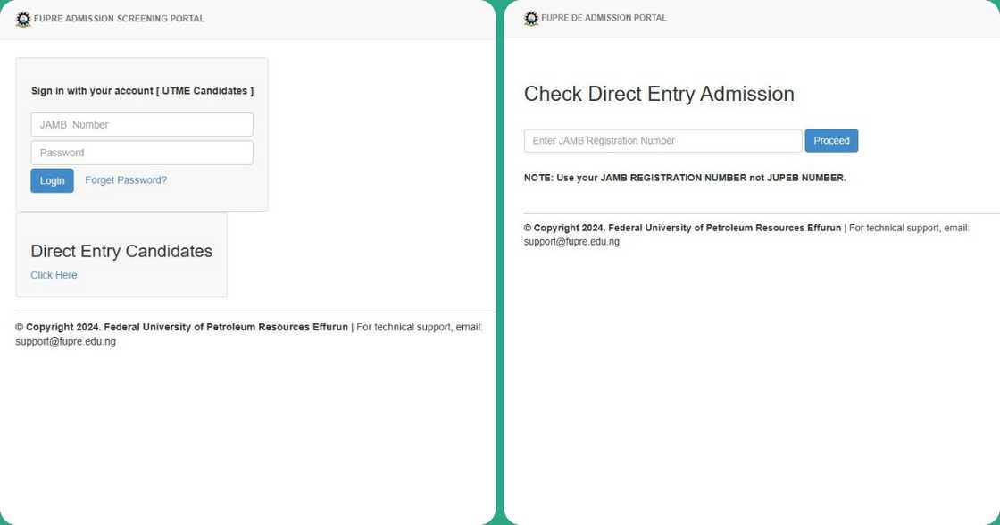 Screenshots of FUPRE al post-UTME student portal.