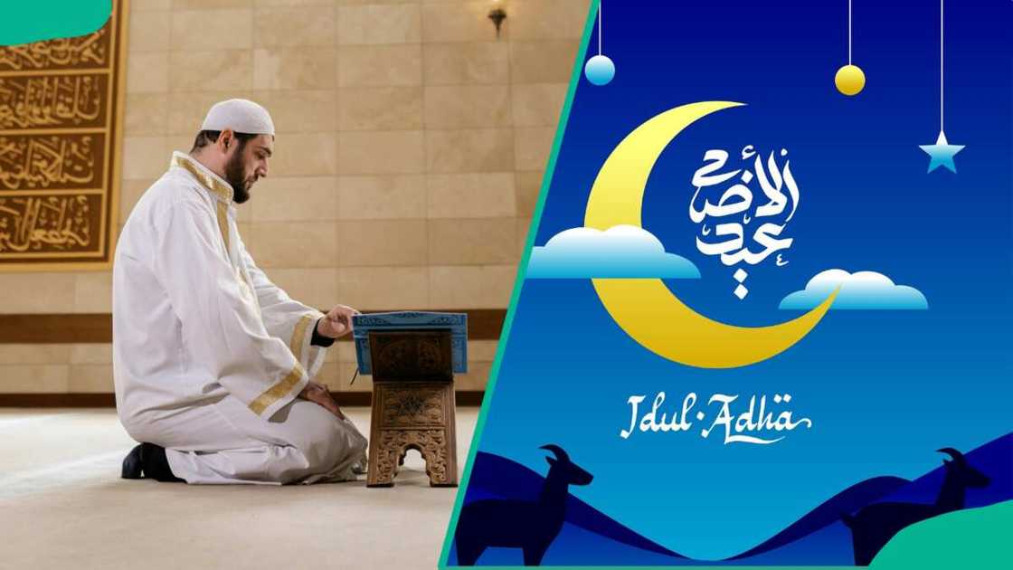 A Muslim man praying in the mosque and a symbol of Idul al-Adha A Muslim man praying in the mosque and a symbol of Idul al-Adha