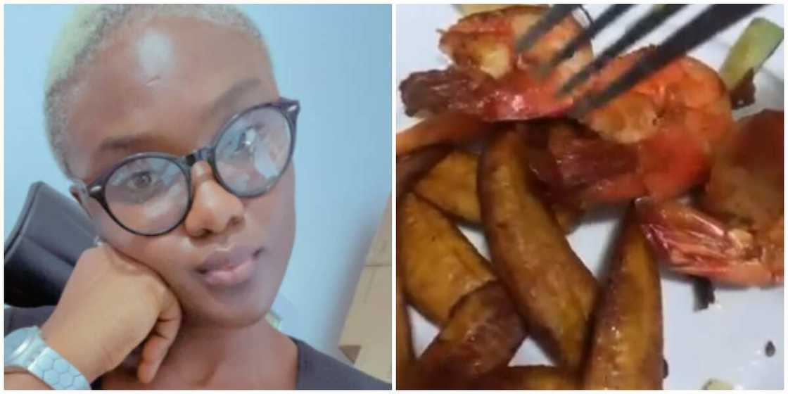 Daylight robbery: Lady livid as she shares N16k plantain and prawn she got served Daylight robbery: Lady livid as she shares N16k plantain and prawn she got served