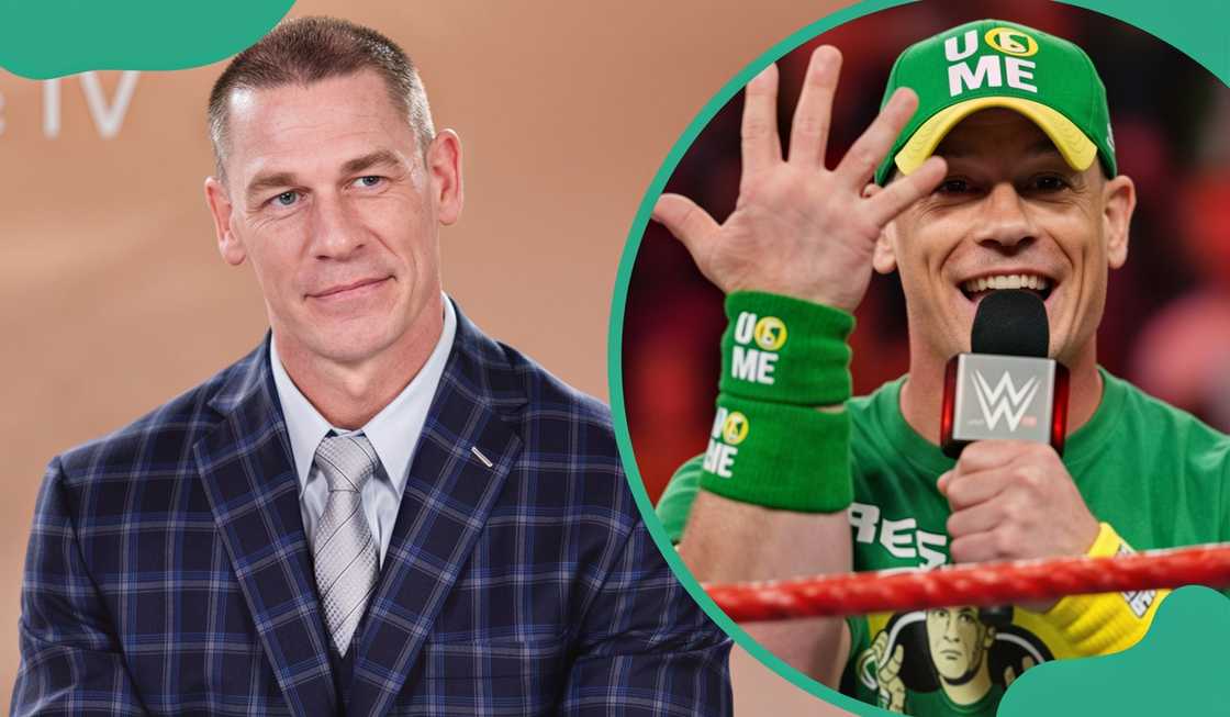 John Cena pictured sitting and performing his signature gesture while holding a microphone in the ring.