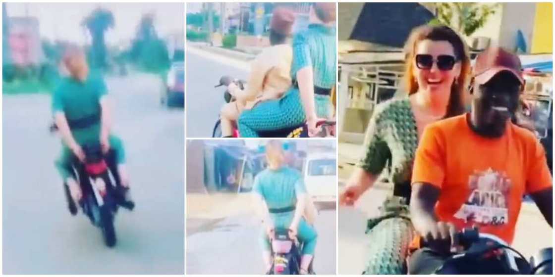 Nigerians react to new video of Oyinbo lady riding okada in Lagos Nigerians react to new video of Oyinbo lady riding okada in Lagos