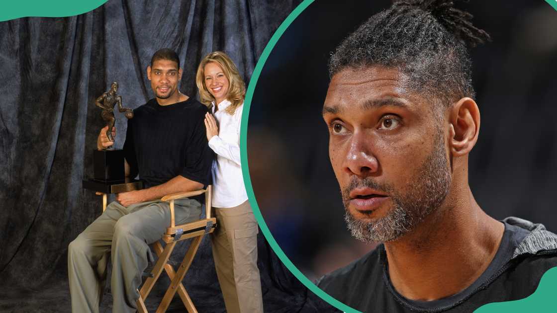 Assistant Coach Tim of the San Antonio Spurs looks on at Chesapeake Energy Arena in Oklahoma (L). Tim's Portrait with his wife Amy in Texas (R).