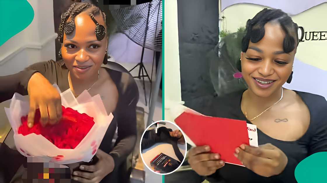 A Nigerian lady fell to the ground in excitement after discovering an expensive gift, a hidden iPhone 17 Air, inside a Valentine’s Day flower bouquet from her boyfriend. A Nigerian lady fell to the ground in excitement after discovering an expensive gift, a hidden iPhone 17 Air, inside a Valentine’s Day flower bouquet from her boyfriend.