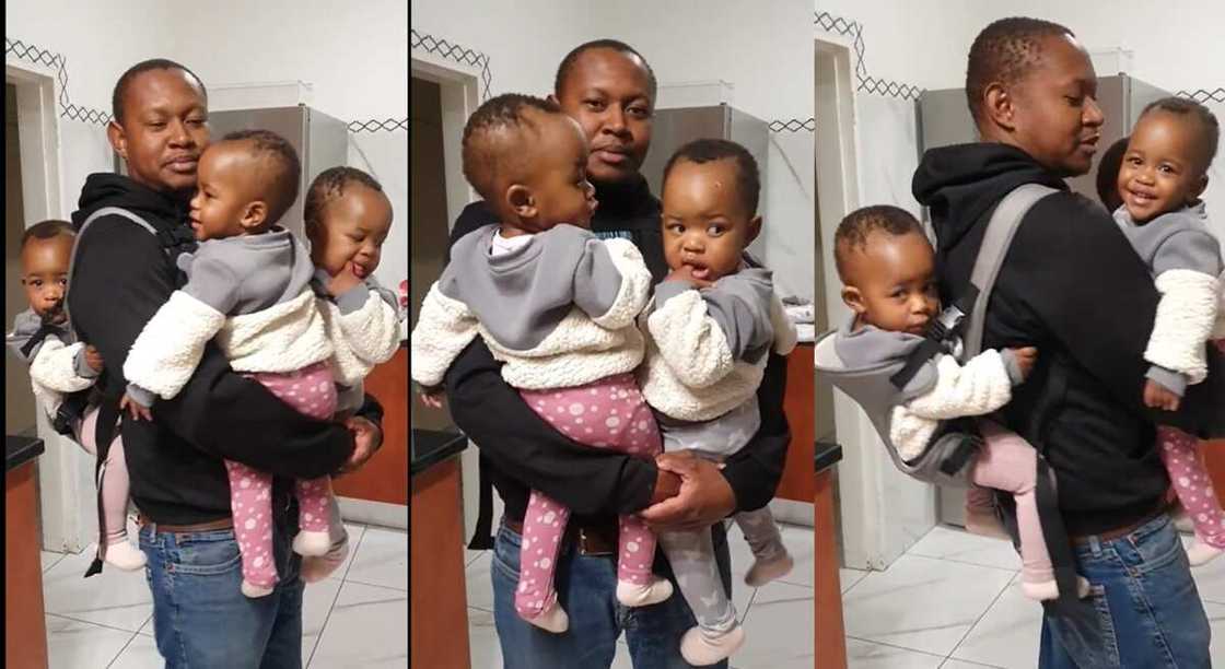 Photos of a man carrying his triplets.