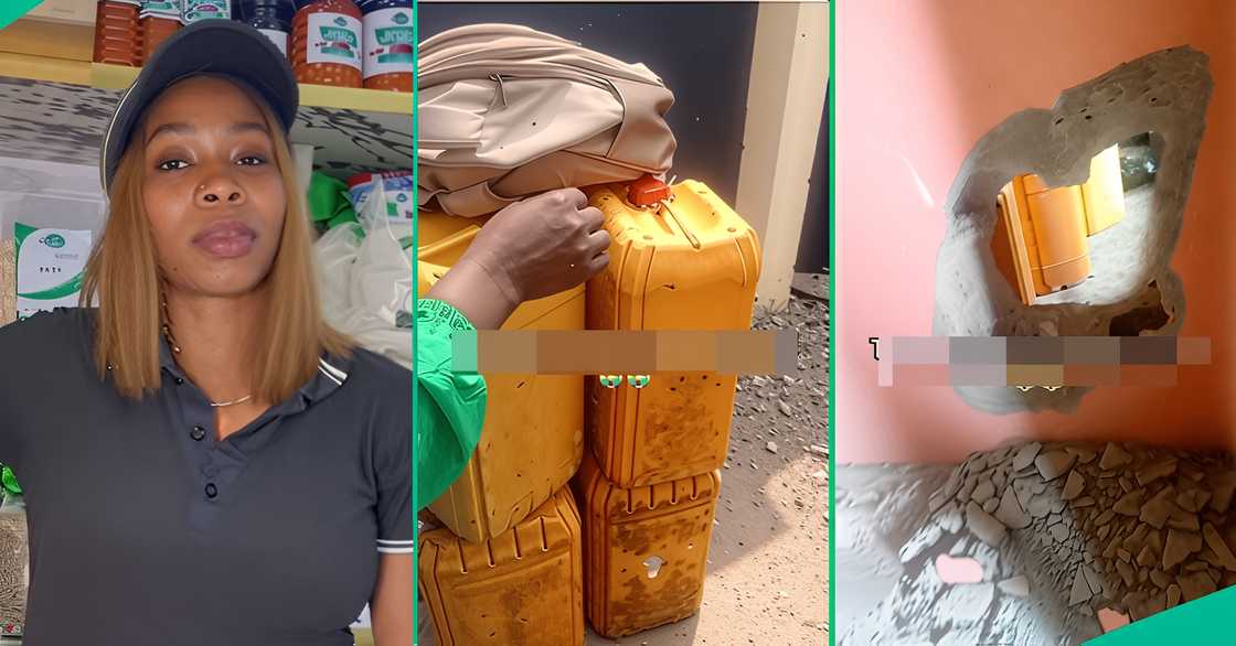 A Nigerian lady shares how thieves broke into her mum’s shop and stole 49 gallons of palm oil and groundnut oil. A Nigerian lady shares how thieves broke into her mum’s shop and stole 49 gallons of palm oil and groundnut oil.