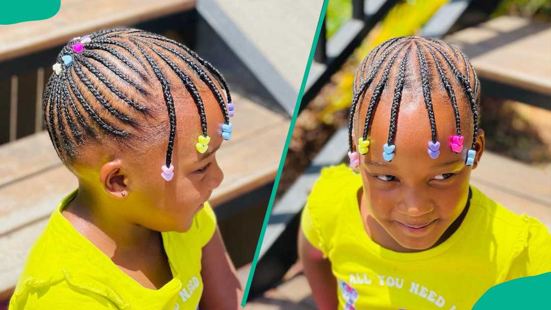 A girl wearing Updo cornrows with colored beads A girl wearing Updo cornrows with colored beads