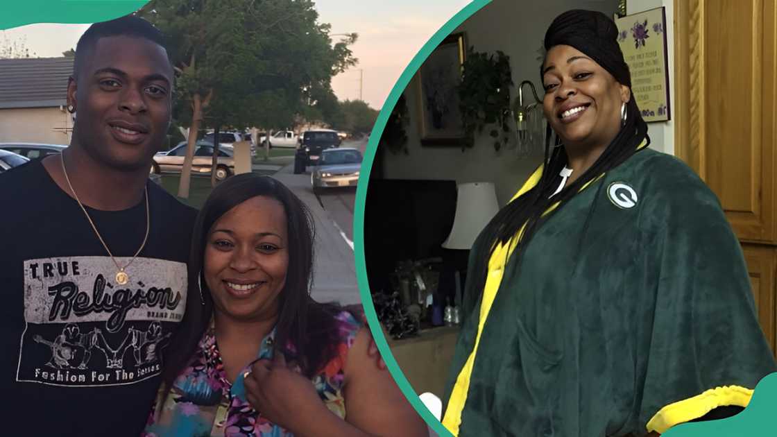 Davante Adams and his mother (L). Davante Adams' mother indoors (R). Davante Adams and his mother (L). Davante Adams' mother indoors (R).
