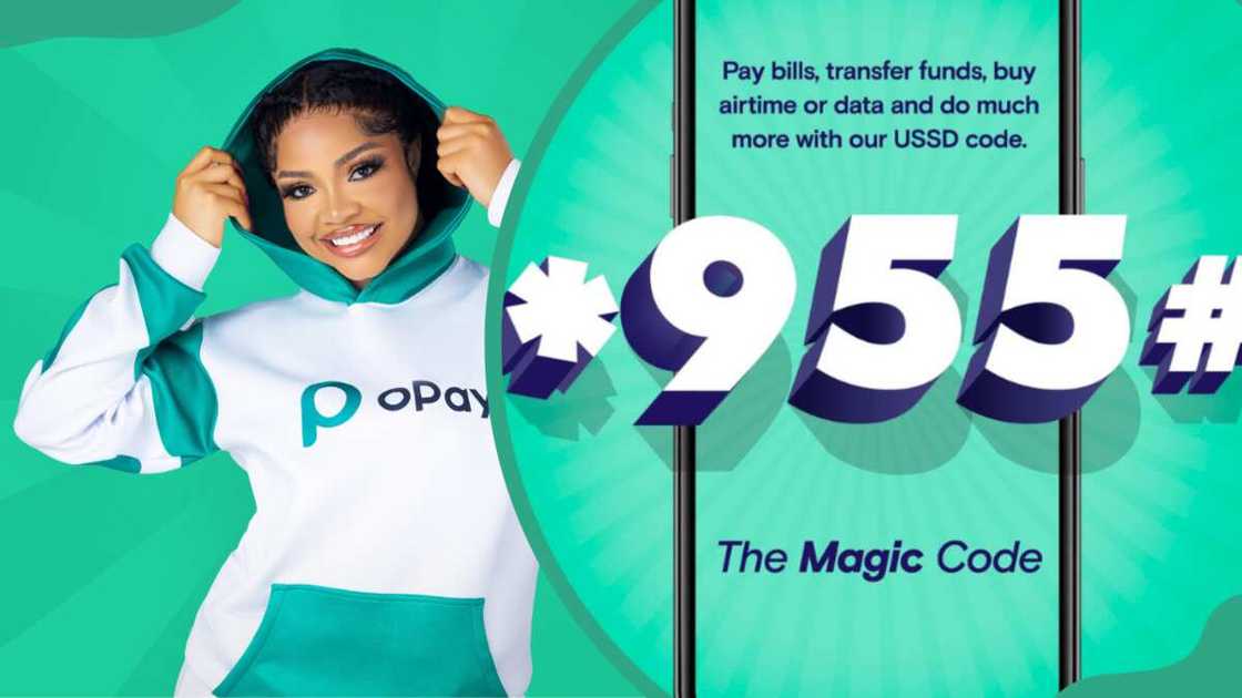 A lady wearing a branded Opay jumper (L) and Opay USSD code (R) A lady wearing a branded Opay jumper (L) and Opay USSD code (R)