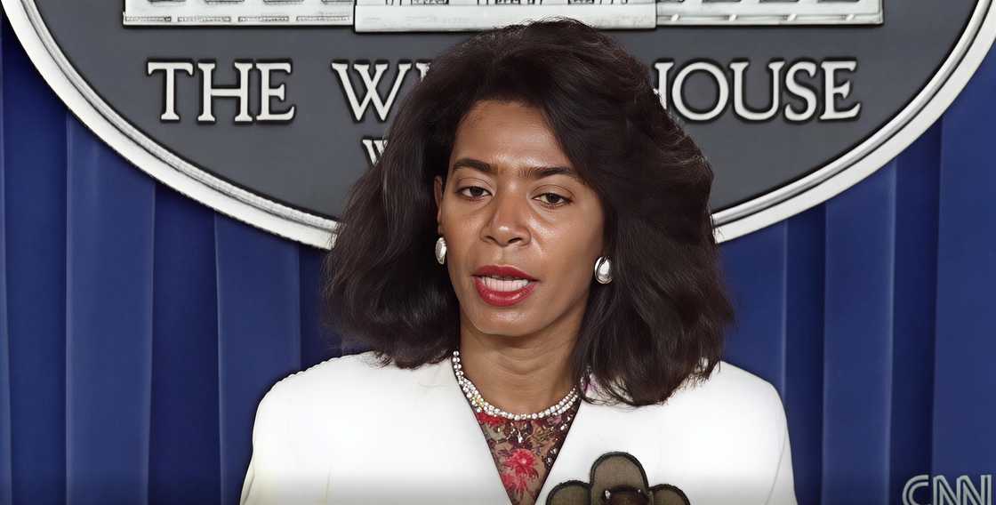 Judy Smith speaks on a podium in the White House press briefing room Judy Smith speaks on a podium in the White House press briefing room