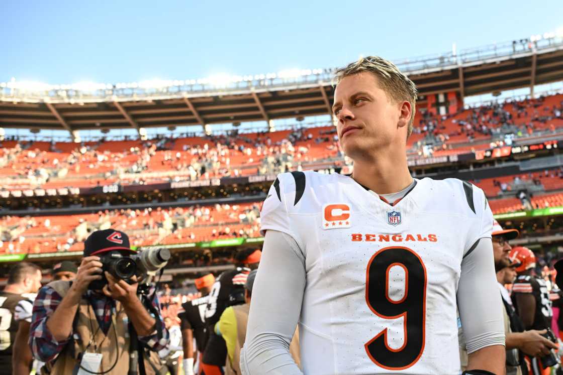 Joe Burrow of the Cincinnati Bengals looks on after the Bengals defeated the Cleveland Browns Joe Burrow of the Cincinnati Bengals looks on after the Bengals defeated the Cleveland Browns