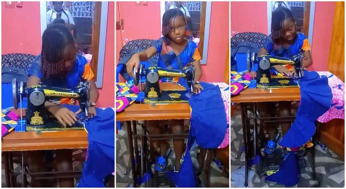Little girl practising on a sewing machine. Little girl practising on a sewing machine.
