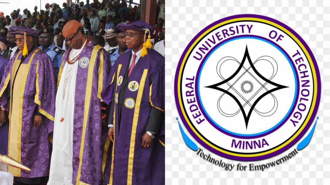 Members of the Federal University of Technology, Minna, staff in purple academic dresses and the institution's logo Members of the Federal University of Technology, Minna, staff in purple academic dresses and the institution's logo