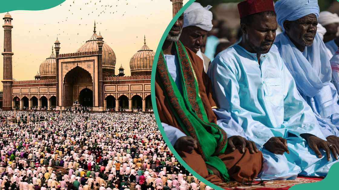 A crowd of people praying in Masjid Delhi and men in robes kneeling in prayer amid Ramadan A crowd of people praying in Masjid Delhi and men in robes kneeling in prayer amid Ramadan