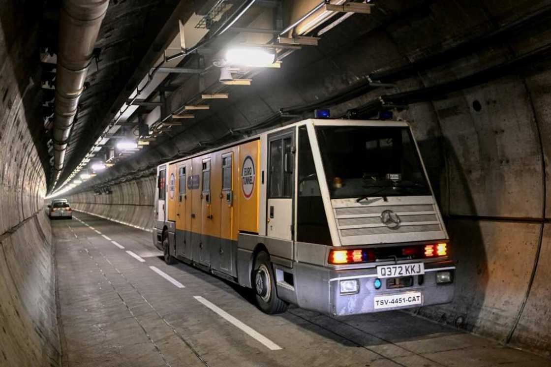 The narrow service tunnel runs for some 50 kilometres (30 miles) under the Channel The narrow service tunnel runs for some 50 kilometres (30 miles) under the Channel