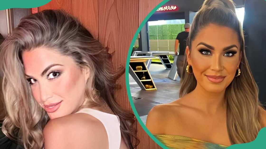 Alexandra Harper in a white dress (L). The realtor in a lime green dress (R) Alexandra Harper in a white dress (L). The realtor in a lime green dress (R)