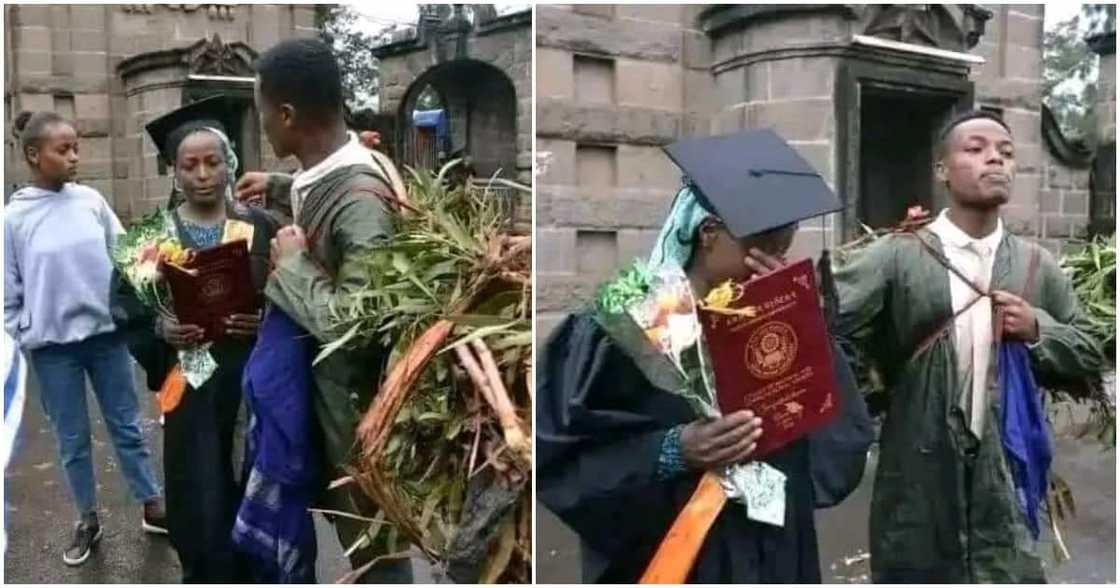 Young man honours mum, Addis Ababa University, Sidist Kilo Campus, firewood, graduation gown Young man honours mum, Addis Ababa University, Sidist Kilo Campus, firewood, graduation gown