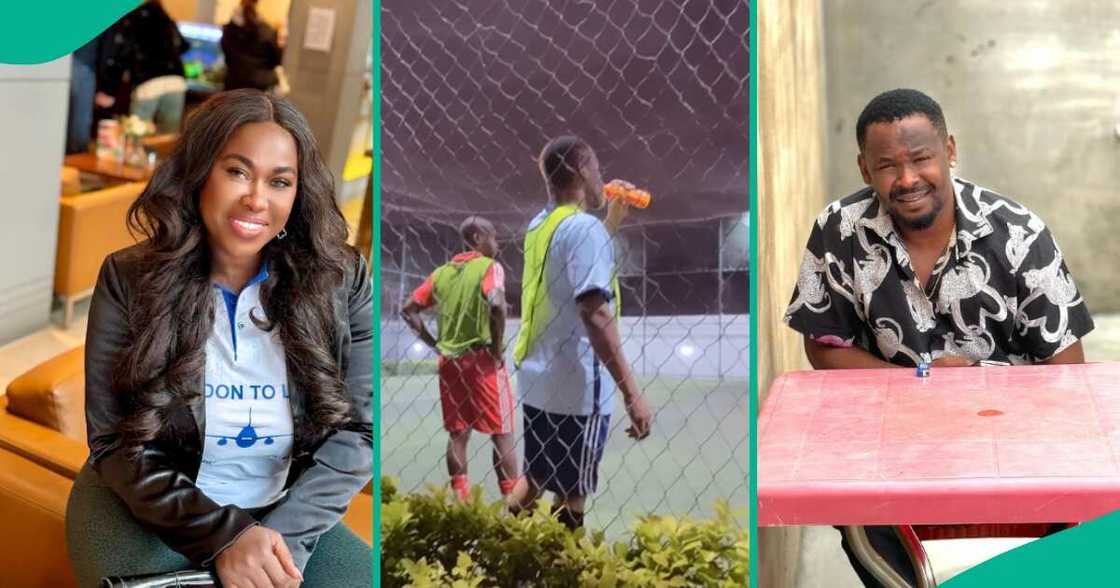 Uche Jombo taunts Zubby Michael as he runs off football field. Uche Jombo taunts Zubby Michael as he runs off football field.