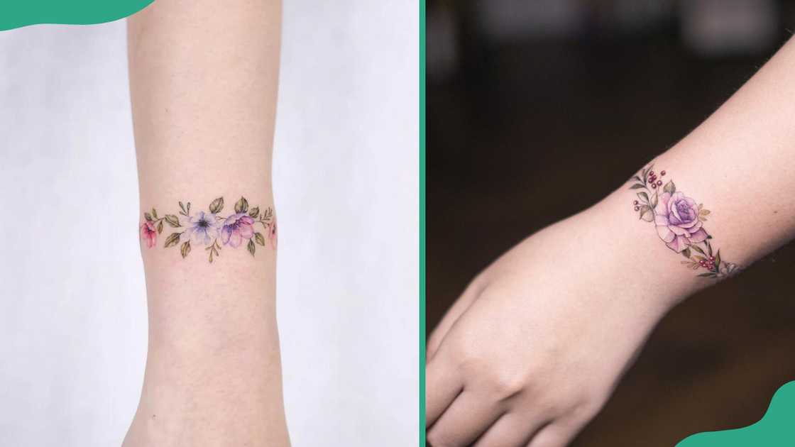 Bright floral bracelet tattoos.