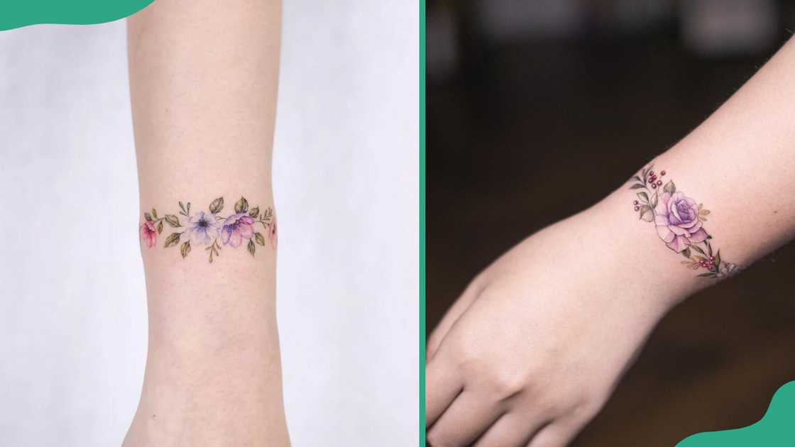 Bright floral bracelet tattoos. Bright floral bracelet tattoos.