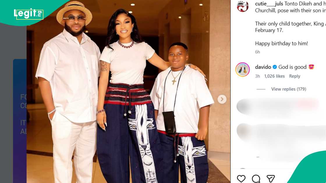 Davido commented on Tonto Dikeh and Churchill's family photos amid his custody battle with Sophia Momodu over daughter Imade