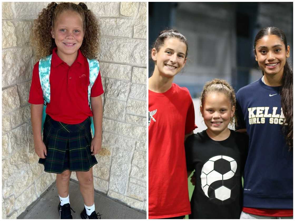 Zoe Mahomes at school (L). She is flanked by two older friends (R). Zoe Mahomes at school (L). She is flanked by two older friends (R).