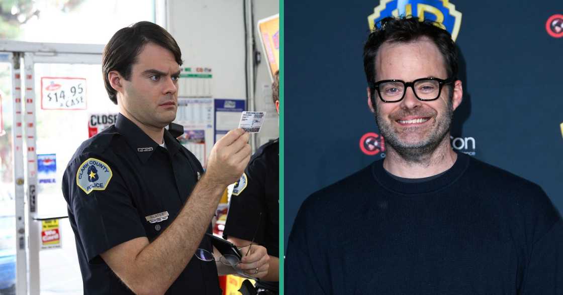 Bill Hader lifts an ID card in a Superbad scene and poses on a red carpet. Bill Hader lifts an ID card in a Superbad scene and poses on a red carpet.