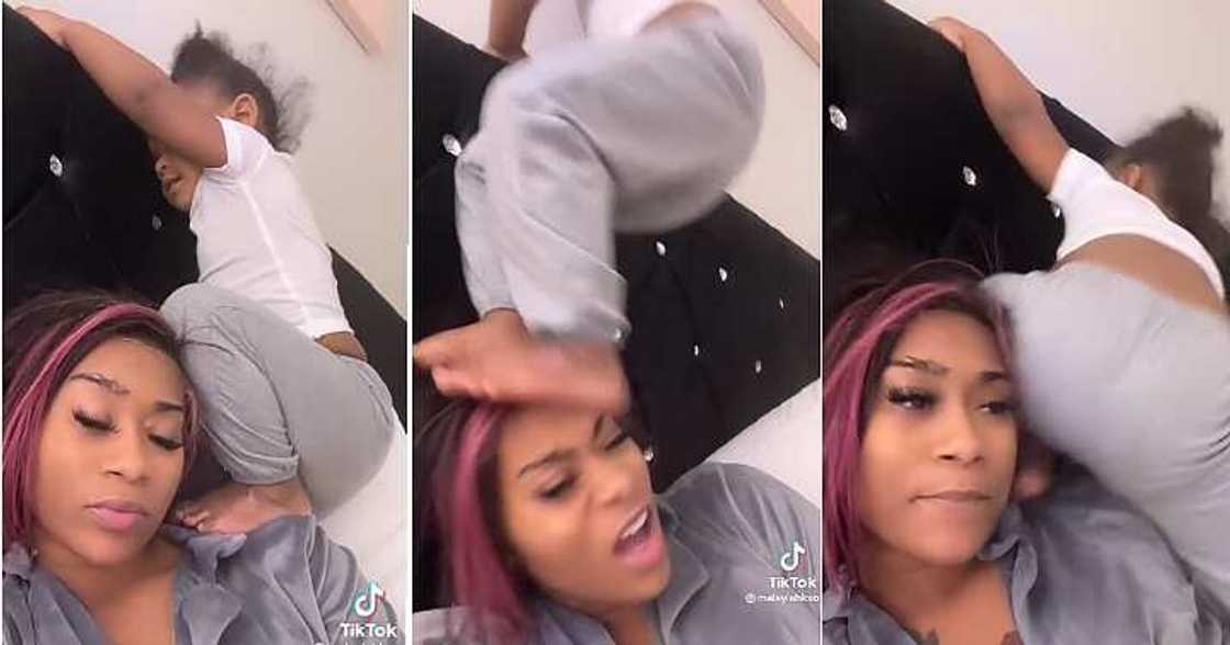 Little girl steps on mum's head, climbs, stepping stool Little girl steps on mum's head, climbs, stepping stool