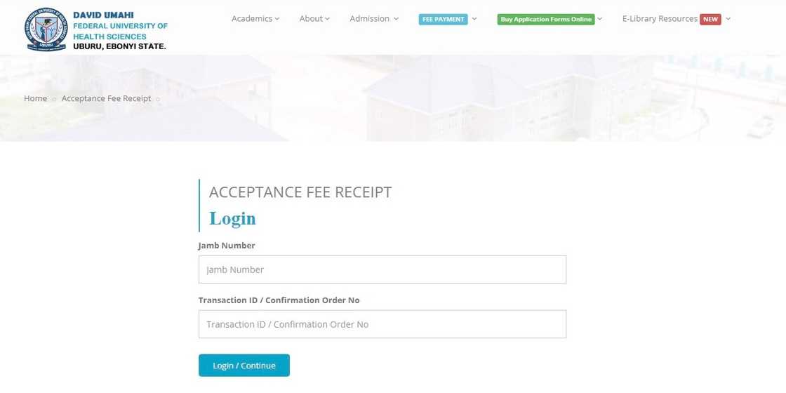 A screenshot of the DUFUHS acceptance fee receipt login page. A screenshot of the DUFUHS acceptance fee receipt login page.