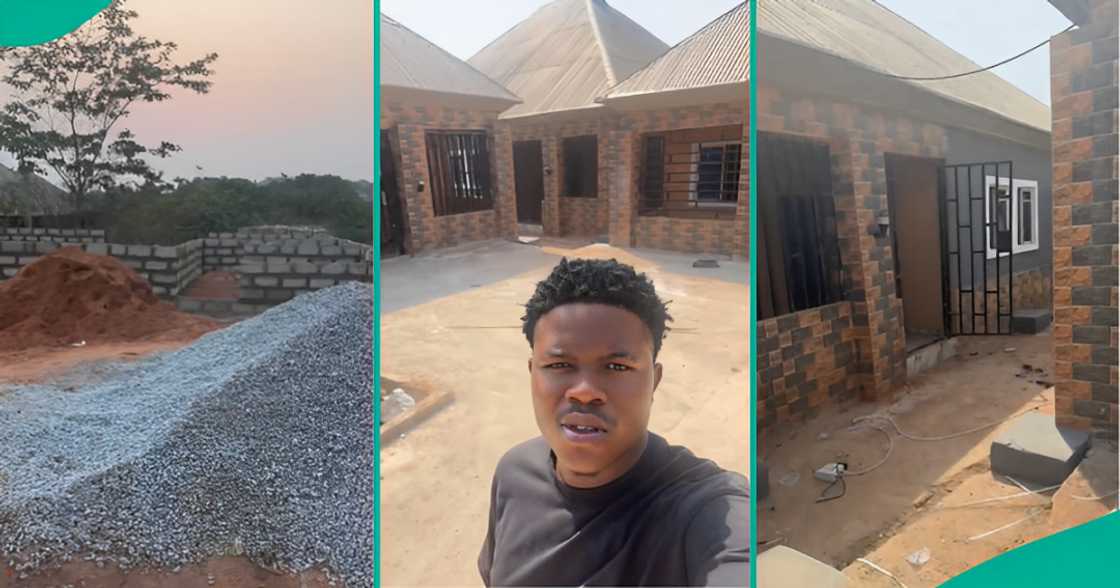 Nigerian man celebrates as he shows off three bungalows he built inside a big compound in a viral TikTok video.