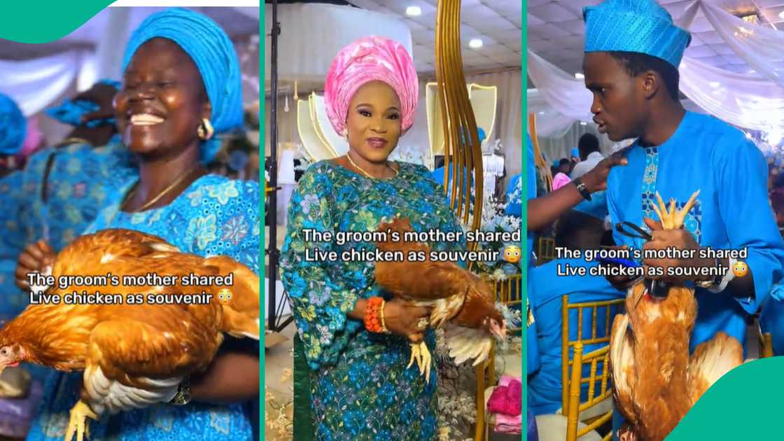 Woman shares chicken at son's wedding.