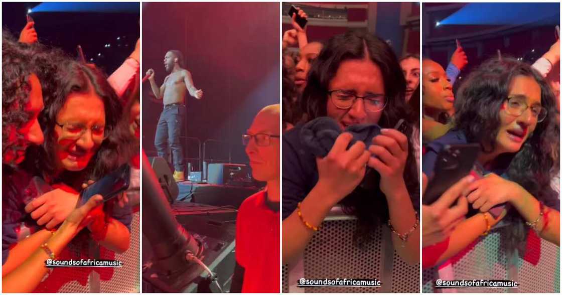 Oyinbo lady cries hard after catching Burna Boy's towel at concert. Oyinbo lady cries hard after catching Burna Boy's towel at concert.