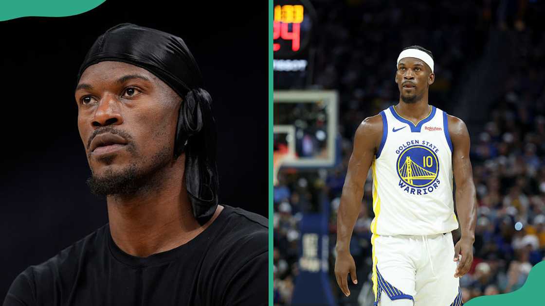 Jimmy Butler donning a black durag. The basketball player in action during a game